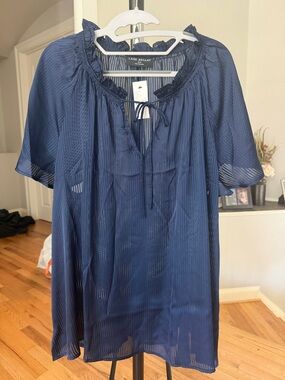 Lane Bryant Navy Sheer Tie-Neck Blouse